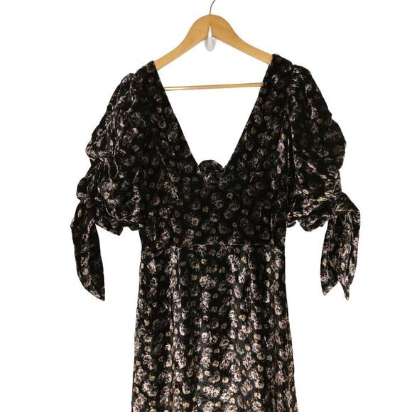 Sea New York Valerie Dress Floral Velvet Puff Sleeve V-Neck Back Tie Black 6 - Picture 4 of 12
